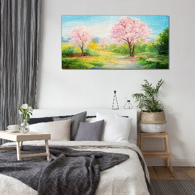Schilderij op glas Lentebomen in roze bloesem
