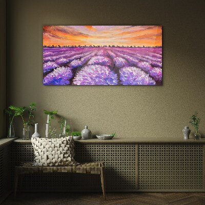 Schilderij op glas Paarse lavendelvelden bij zonsondergang