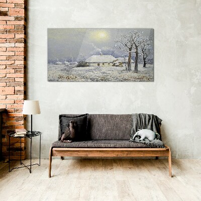 Glas foto Winterlandschap met een huis