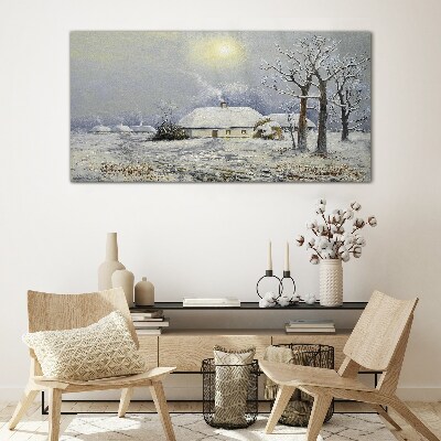 Glas foto Winterlandschap met een huis
