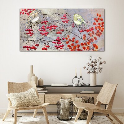 Schilderij op glas Vogels op een tak met fruit