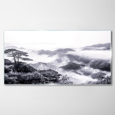 Schilderij op glas Mistig bergpanorama