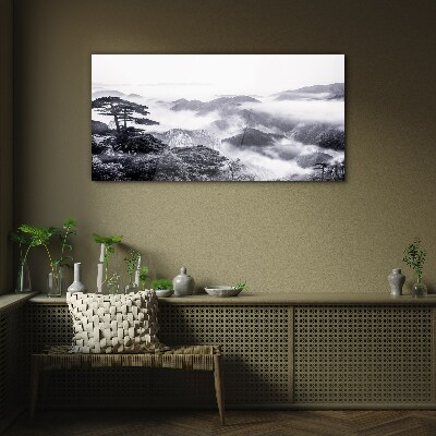 Schilderij op glas Mistig bergpanorama