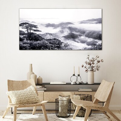 Schilderij op glas Mistig bergpanorama