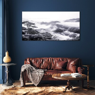 Schilderij op glas Mistig bergpanorama