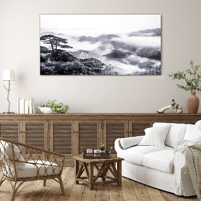 Schilderij op glas Mistig bergpanorama