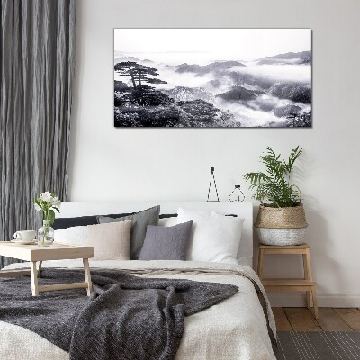 Schilderij op glas Mistig bergpanorama