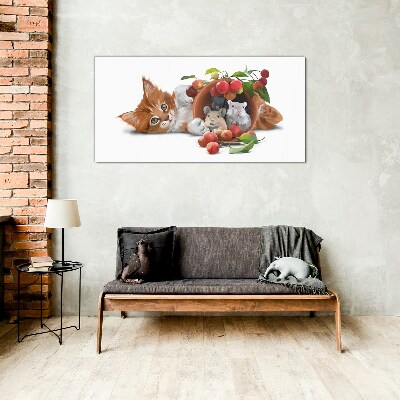 Foto op glas Kat met muizen en fruit