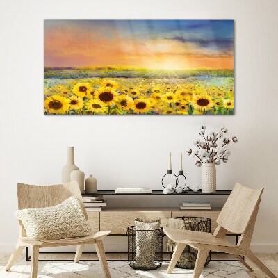 Foto op glas Zonnig bloemenveld