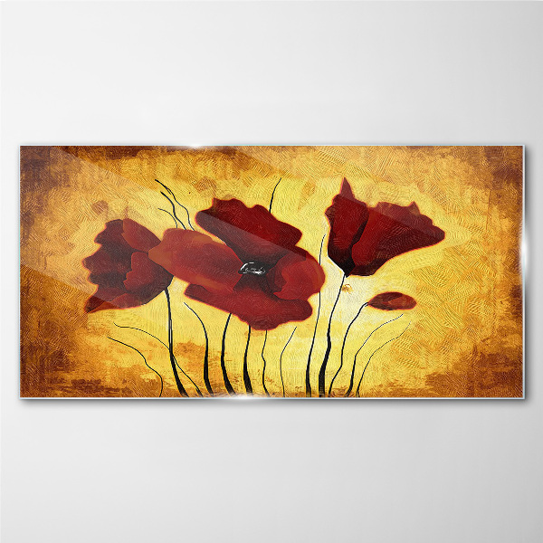 Schilderij op glas Rode klaprozen op een gele achtergrond