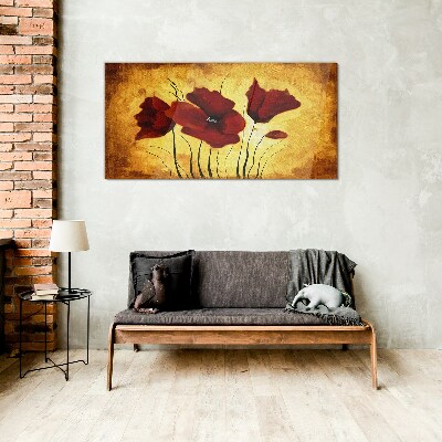 Schilderij op glas Rode klaprozen op een gele achtergrond