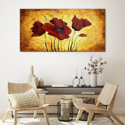 Schilderij op glas Rode klaprozen op een gele achtergrond