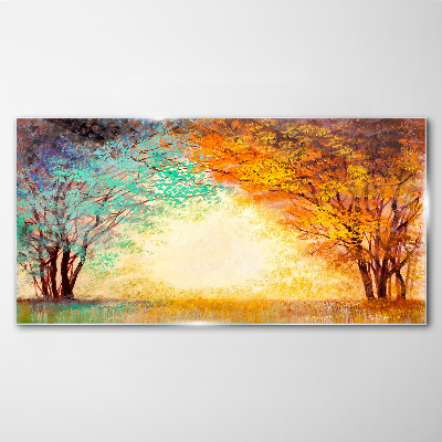 Glas foto Gouden bomen in het ochtendlicht