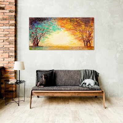 Glas foto Gouden bomen in het ochtendlicht