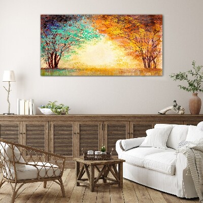 Glas foto Gouden bomen in het ochtendlicht