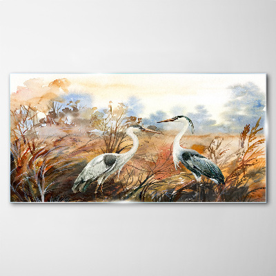 Schilderij op glas Idylle tussen de ooievaars
