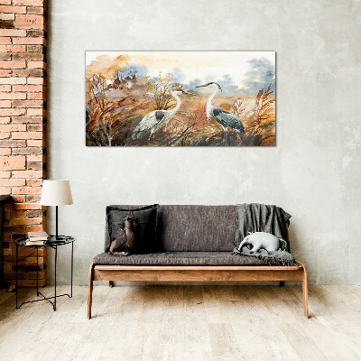 Schilderij op glas Idylle tussen de ooievaars