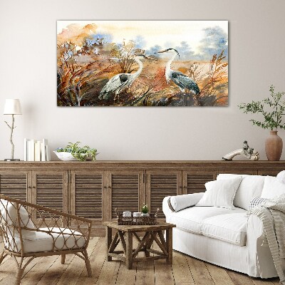 Schilderij op glas Idylle tussen de ooievaars