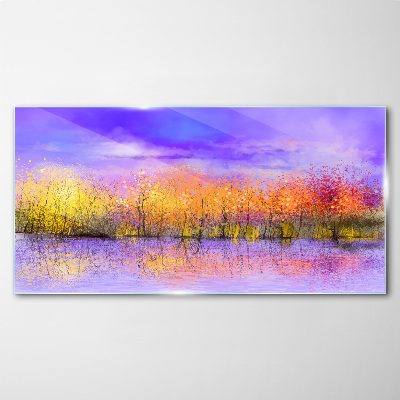 Foto op glas Een kleurrijk landschap weerspiegeld in het water