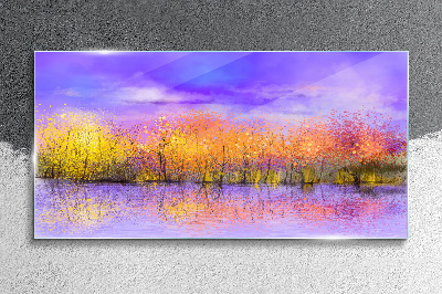 Foto op glas Een kleurrijk landschap weerspiegeld in het water