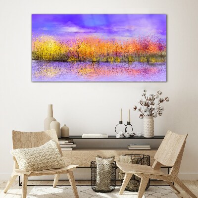 Foto op glas Een kleurrijk landschap weerspiegeld in het water
