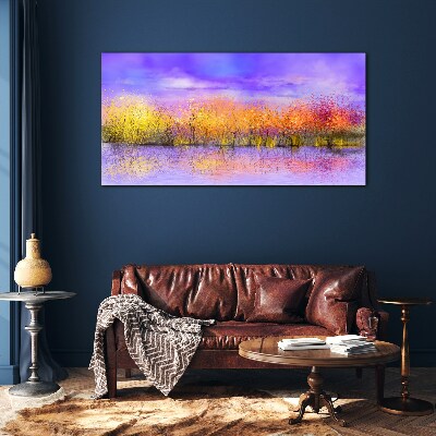 Foto op glas Een kleurrijk landschap weerspiegeld in het water