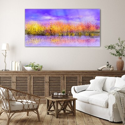Foto op glas Een kleurrijk landschap weerspiegeld in het water