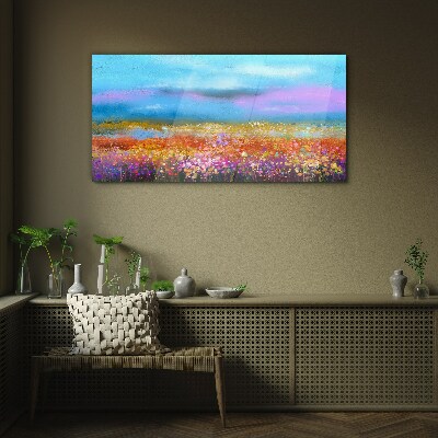Glas foto Een bloemenlandschap in pastelkleuren