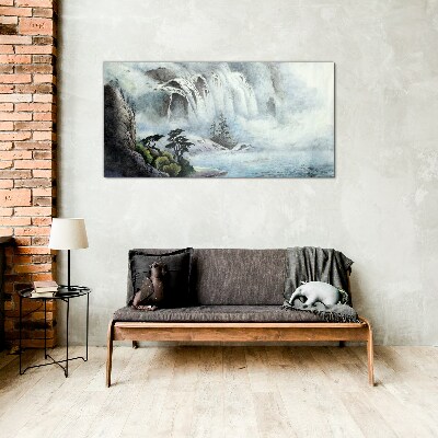 Foto op glas Een waterval in een mystiek landschap