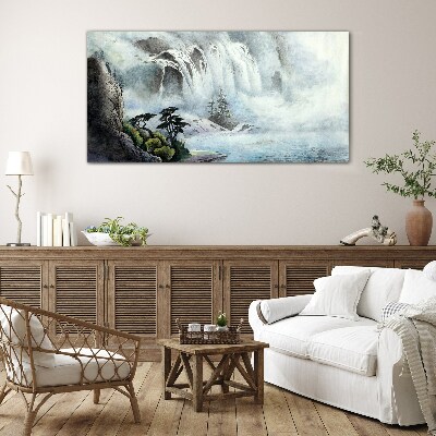 Foto op glas Een waterval in een mystiek landschap