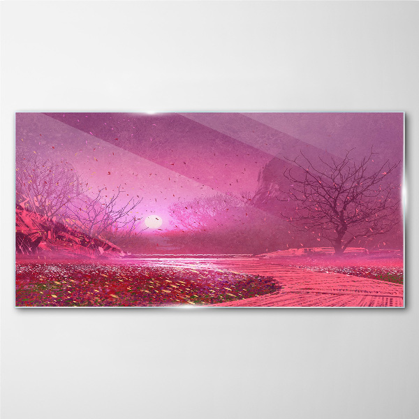 Foto op glas Roze mist over het lentelandschap