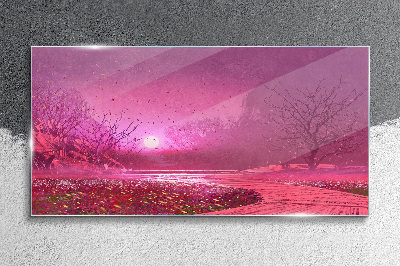 Foto op glas Roze mist over het lentelandschap