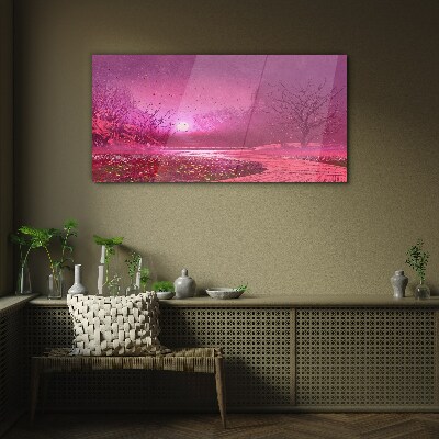 Foto op glas Roze mist over het lentelandschap