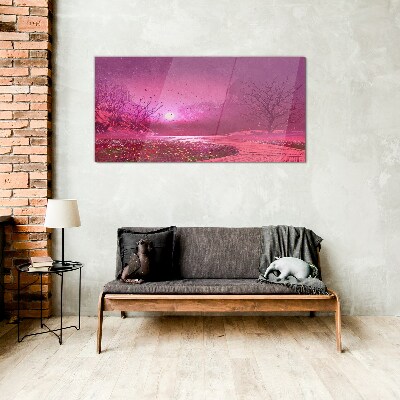 Foto op glas Roze mist over het lentelandschap