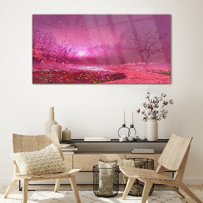 Foto op glas Roze mist over het lentelandschap