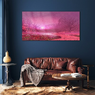 Foto op glas Roze mist over het lentelandschap