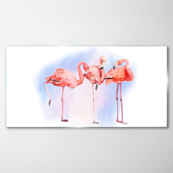 Foto op glas Roze flamingo's op een pastelachtergrond