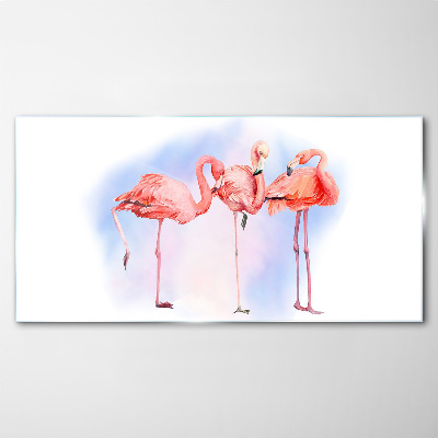 Foto op glas Roze flamingo's op een pastelachtergrond
