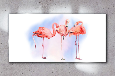 Foto op glas Roze flamingo's op een pastelachtergrond