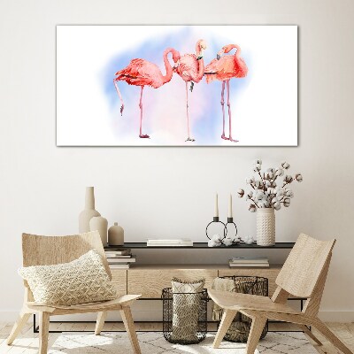 Foto op glas Roze flamingo's op een pastelachtergrond