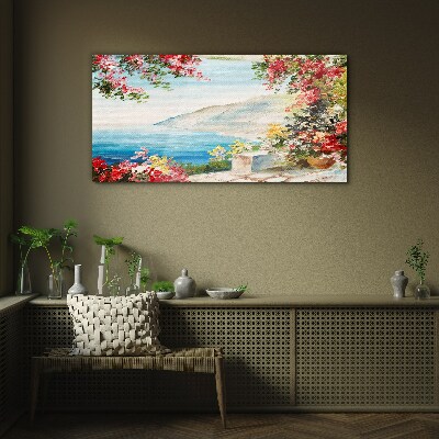 Schilderij op glas Zomers kustlandschap met bloemen