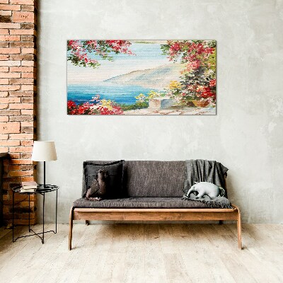 Schilderij op glas Zomers kustlandschap met bloemen