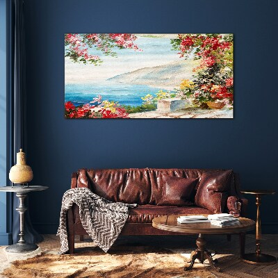 Schilderij op glas Zomers kustlandschap met bloemen