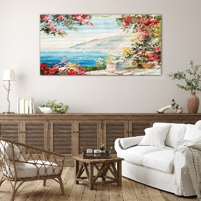 Schilderij op glas Zomers kustlandschap met bloemen