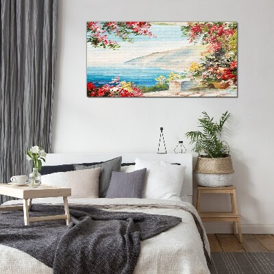 Schilderij op glas Zomers kustlandschap met bloemen