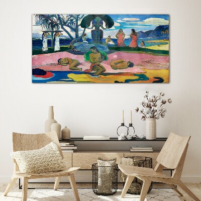 Foto op glas Tropische scène met personages