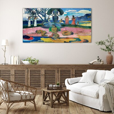 Foto op glas Tropische scène met personages