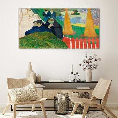 Glas foto Groen landschap met figuren