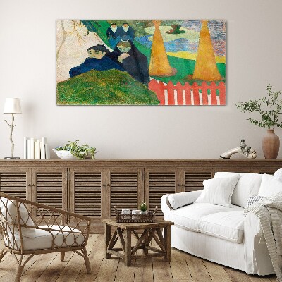 Glas foto Groen landschap met figuren