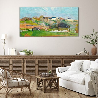 Glas foto Landschap met huizen en een persoon